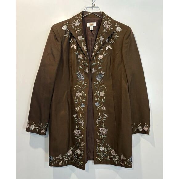 Talbots Brown Silk Shantung Embroidered Long Blazer Jacket Womens Size 12 - Picture 1 of 7